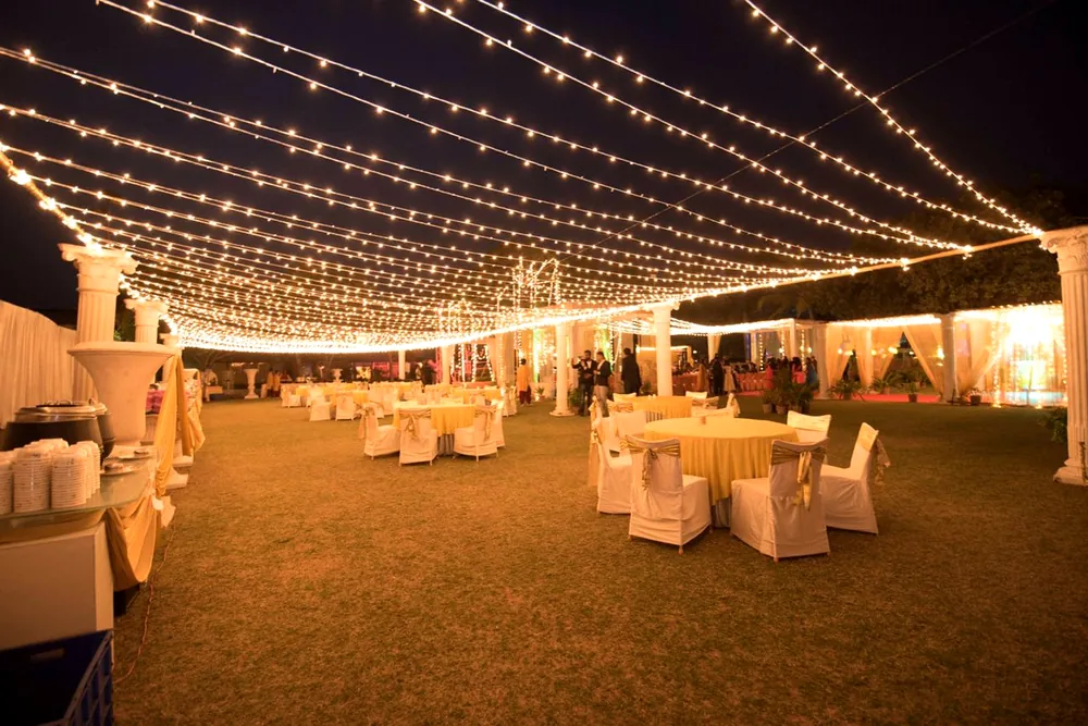 Manicured 21,000 sq ft lawn set up for a grand evening reception