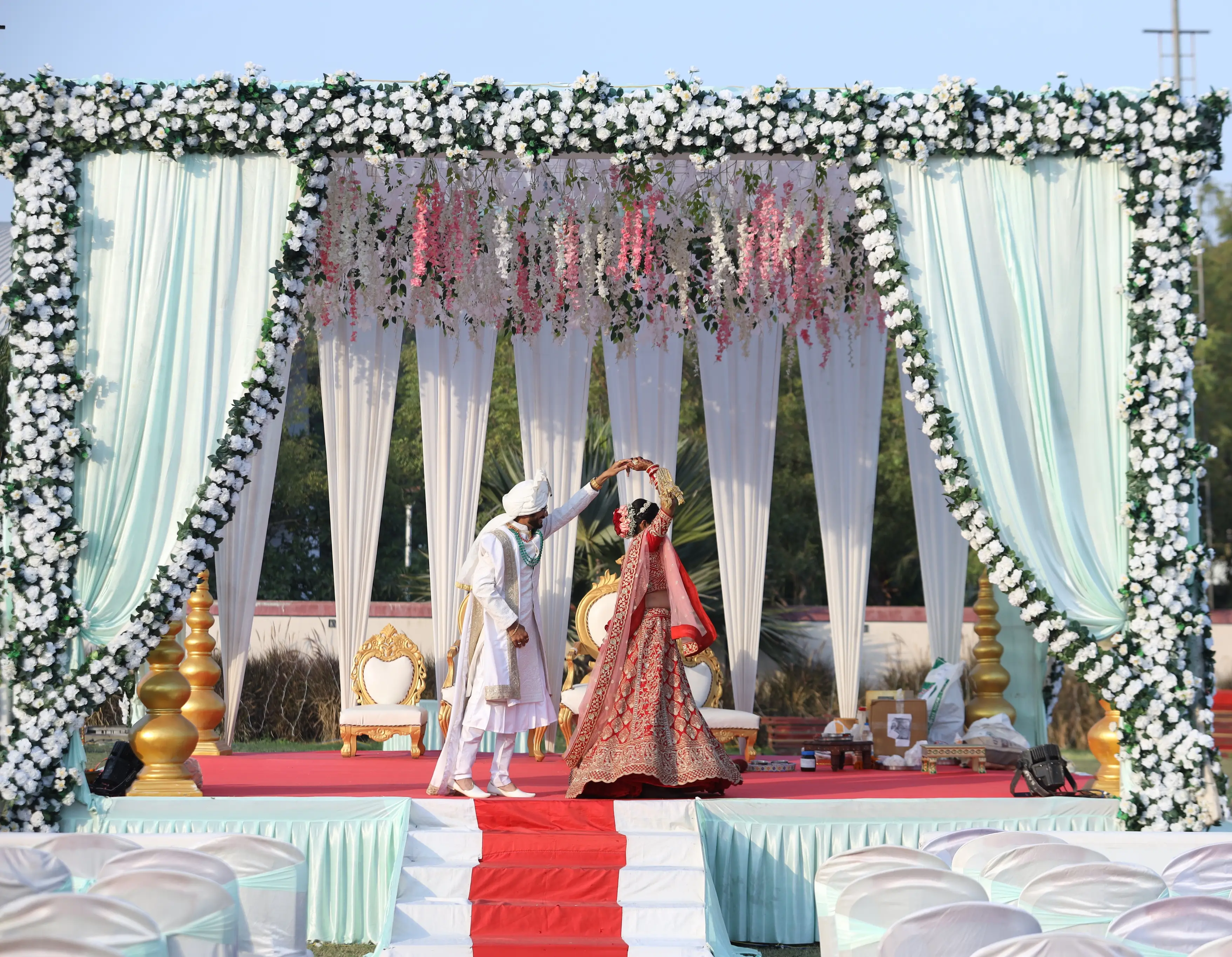 Peacock-themed reception stage
